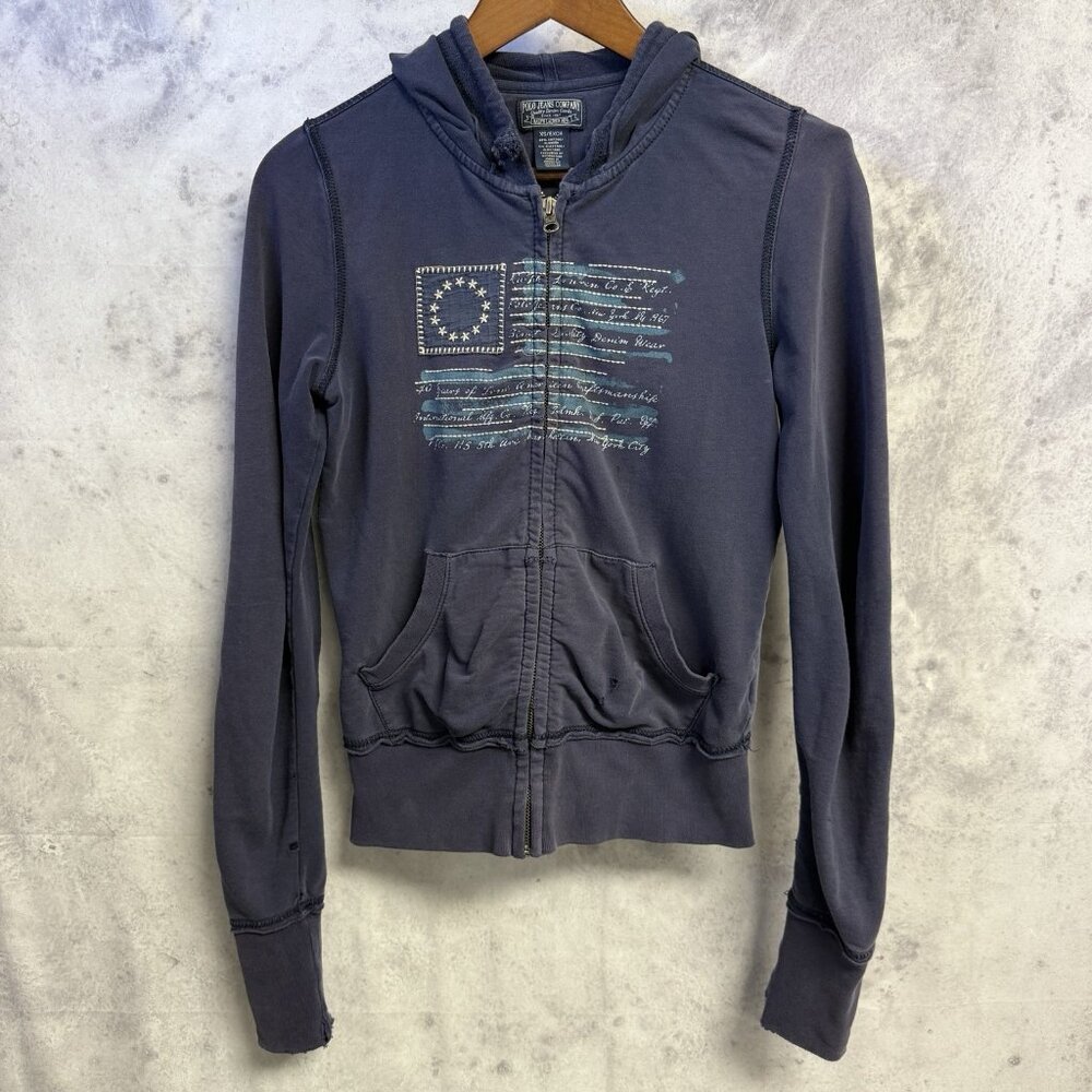 Polo Jeans Company Hoodie Womens XS 17x22.5 Blue Flag Embroidered Sweatshirt